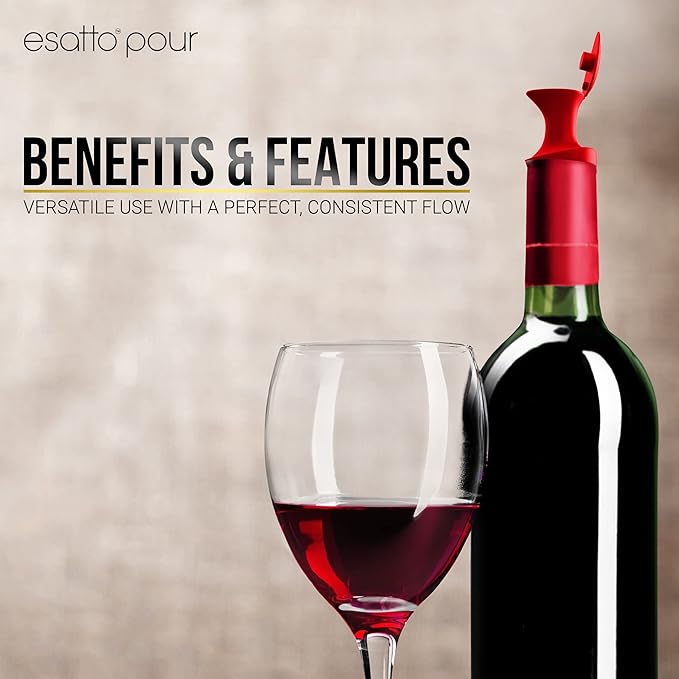 Esatto Pour and Seal, Plastic Bottle Pourers With Built In Lid – Easy and Precise Pouring, Lid for Storing and Healthy Practices, Professional Bar Tool, Pack of 12 Pieces Wine Stopper Pourer (Red)