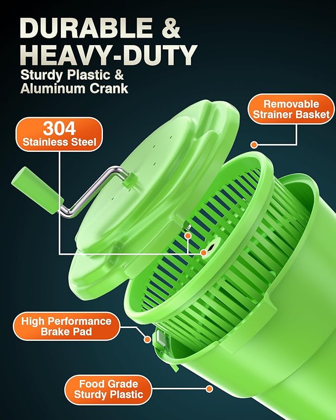 WantJoin Commercial Salad Spinner - 6 Gallon Salad Dryer w/Silicone Anti-slip Mat & Draining Hose, Green, 24Qt Manual Salad Spinner for up to 7 Heads of Lettuce Spinner Large for Catering
