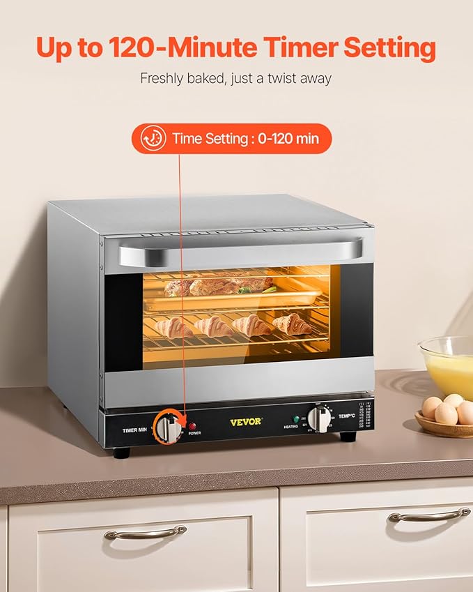 VEVOR Commercial Convection Oven, 21L/19Qt, Quarter-Size Conventional Oven Countertop, 1440W 3-Tier Toaster w/Front Glass Door, Electric Baking Oven w/Trays Wire Racks Clip Gloves, 120V