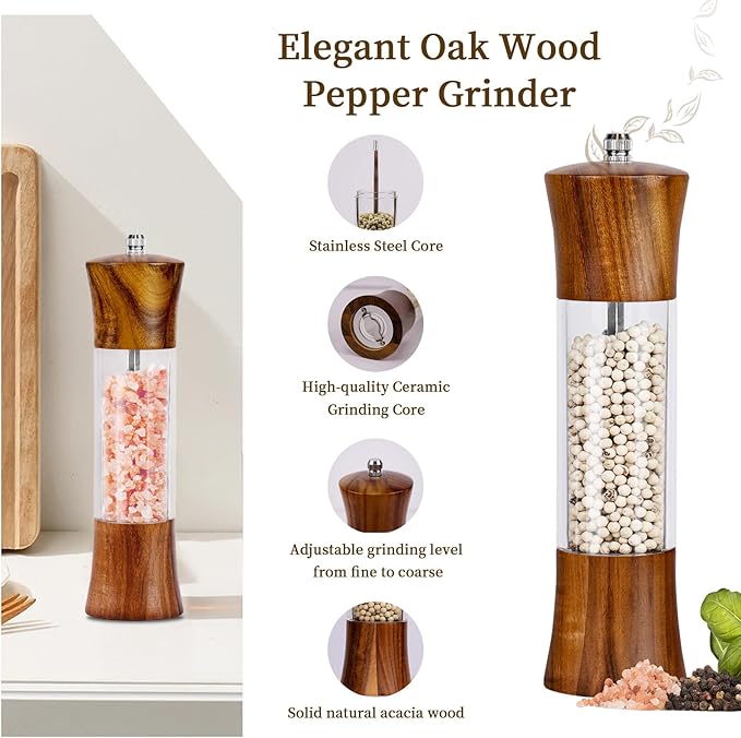 Acacia Wood Premium Acrylic Salt and Pepper Grinder Set 8 Inches Salt and Pepper Mill Set, Manual Mills- Wooden Shakers with Adjustable Ceramic Core 2 Pack for Kitchen Home Gift