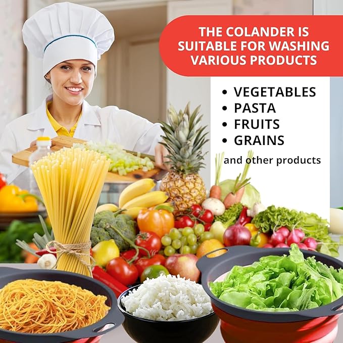 Set of 3 Red Silicone Plastic Kitchen Colanders – Folding Sizes Silicone Collapsible Colander Set Red Plastic Foldable Strainer for Pasta Vegetables Camping Kitchen