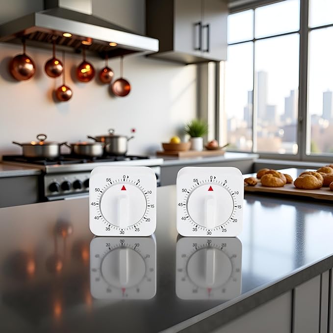 2Pcs White 60-Minute Mechanical Kitchen Timer Clock with Loud Alarm - Wind Up Visual Cooking Clock, No Batteries Required - Ideal for Cooking, Thermometers and Timers, Baking and Kitchen Management