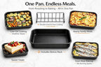 Moss & Stone 16.5” Roasting Pan with Rack – Heavy Duty Nonstick Carbon Steel Turkey Roaster, Large Rectangular Oven Pan with V-Rack, Bonus Carving Fork & Chef Knife