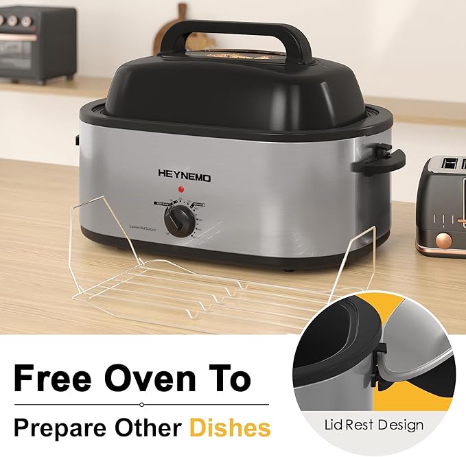 HEYNEMO Turkey Roaster Electric, 24 Quart Oven with Self-Basting Lid, Removable Pan and Rack, Adjustable Temperature Control Powerful 1450W Stainless Steel Oven, Silver