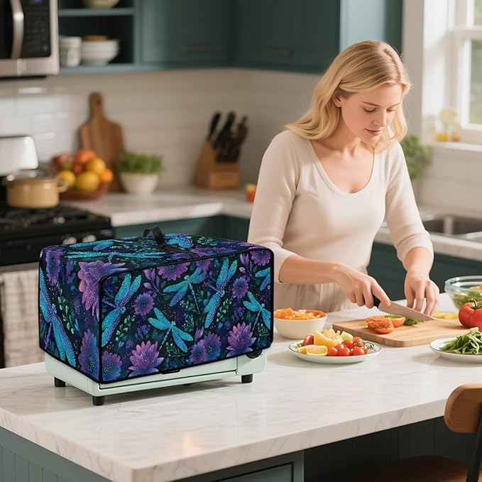 Dragonfly Lotus Print Toaster Oven Cover Compatible with Most Toaster Ovens, Heavy Duty Dust-proof Microwave Oven Cover for Kitchen Counter, Purple (Small-14.5 * 18.46 * 9 inches)