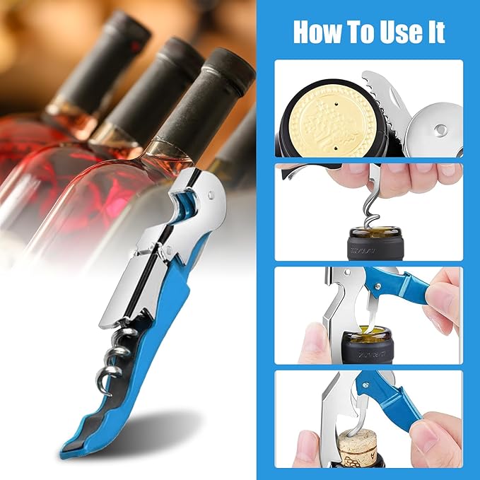 6 Pieces wine key wine opener Professional Waiter Corkscrews Stainless bottle opener Fold Serrated Foil Cutter Key for Family, Company Party,Bars,Restaurants(blue)