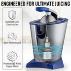 Zulay Electric Citrus Juicer - Makes Fresh Orange, Lemon, Grapefruit, Lime Juice - Stainless Steel, 160W Powerful & Quiet, Interchangeable Cones -Filters Out Seeds & Pulp- Dishwasher Safe Parts - Blue