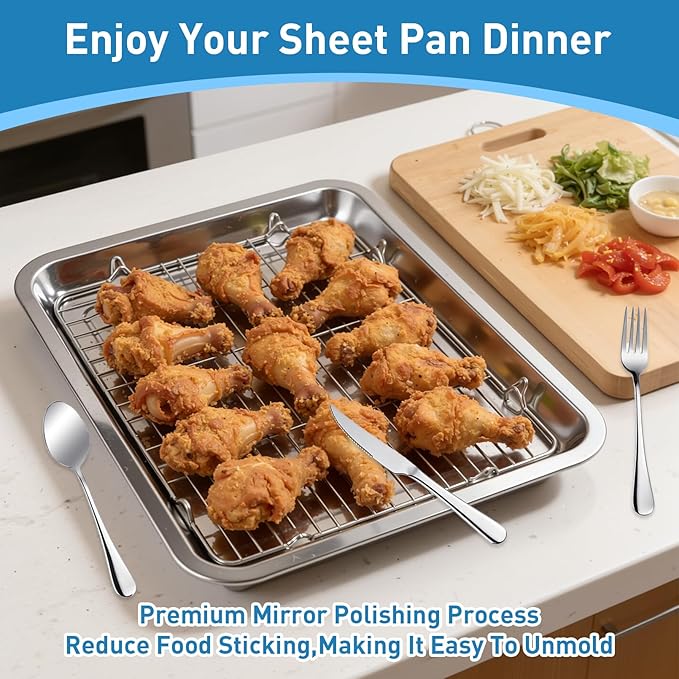 4 PCS Stainless Steel Baking Sheet Set,(2 Sheets + 2 Racks)15.7 X 11.8 Inch Baking Pan with Stainless Steel Fork,Spoon and Knife,Rust Baking Tray Pan for Kitchen Oven,Easy Clean&Durable