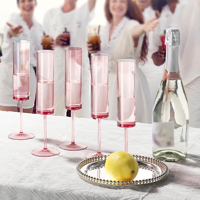 6 Pieces Acrylic Pink Champagne Flutes 5.4 OZ Square Champagne Glasses Stemmed Coupes Reusable Wedding Toasting Glasses Rose Bride Wine Glasses For Birthday Party Wedding Anniversary Christmas