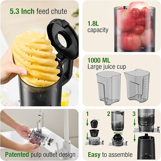TUUMIIST Juicer Machines, Cold Press Juicer with 5.3" Extra Large Feed Chute Fit Whole Fruits & Vegetables Easy to Clean, High Juice Yield, BPA Free (Black)