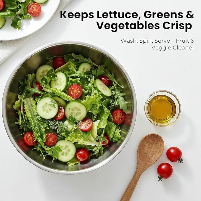Stainless Steel Salad Spinner Large, BPA-Free Lettuce Spinner, 3-in-1 Salad Bowl & Fruit Cleaner with Non-Slip Base, Dishwasher Safe, 5 Blade Slicer & Egg Yolk Separator, 5.3Qt