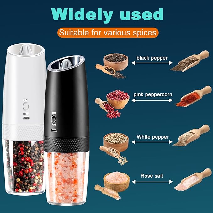 Salt and Pepper Grinder Set Rechargeable, Automatic Electric Pepper and Salt Mill Shaker with Adjustable Coarseness, LED Light, One-Hand Operation Gravity Spice Grinder Kitchen Gadgets, 2 PCS