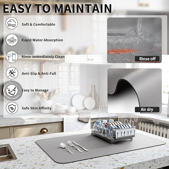 HotLive Dish Drying Mat for Kitchen Counter, Heat Resistant Drainer Mats with Non-slip Rubber Backed, Hide Stain Kitchen Super Absorbent Draining Mat, Easy to Clean Dish Rack Pad, Grey 18"x32"