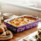 Domini Casserole Dishes for Oven, Ceramic Baking Dishes for Oven Set of 3, Lasagna Pan Deep, Baking Pan Set Square Casserole Dish Set with Handles for Baking, Pattern Purple(14.6+11.4+8.5inch)Christmas