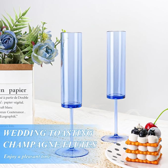 24 PCS Sapphire Blue Plastic Champagne Flutes 5.4 OZ Clear Acrylic Champagne Flutes Sparkling Wine GlassesLong Stem Crystal Champagne Glasses For Wedding Baby Shower Anniversary Birthday