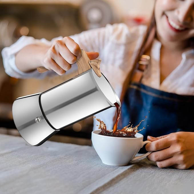 No Coating 2 Cup Moka Pot Thickened 304 Stainless Steel Stovetop Espresso Coffee Maker 100ml 3.4oz Mocha Percolator Greca Cuban Ideal for Making Rich Authentic Italian Café