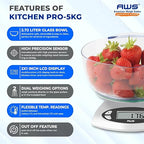 AWS Kitchen Pro 0.1g/0.001oz Precision Food Scale 5kg/11lb Digital Bowl Scale with Tempered Glass, | 2.72L Dishwasher-Safe Bowl, Tare, Timer, Clock & Room Temperature Display | Ultra Cooking Scale