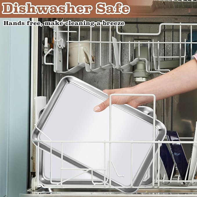 Baking Sheet Pan Set of 4, Stainless Steel Toaster Oven Pans, Small Cookie Sheet,Metal Baking Pan Oven Tray, Easy Clean & Dishwasher Safe, Mirror Surface(10 x 8 x 1 inches