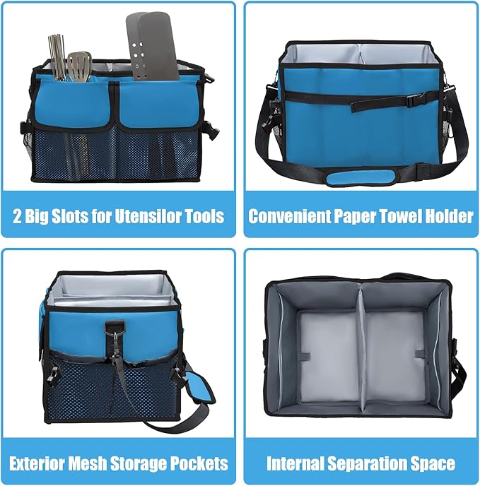 Large Grill Caddy with Paper Towel Holder - BBQ Caddy Organizer for Utensil, Condiment - Easy Carry Picnic Bag - Griddle Bag for Camping, Travel, RV - 600D Waterproof Oxford Fabric, Blue