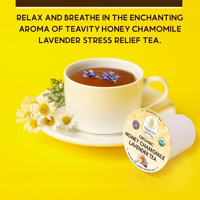 Organic Chamomile and Lavender Tea Pods for Keurig - Decaf Herbal Tea for Keurig K Cups - Honey Chamomile Lavender by Teavity (12 Tea Pods)