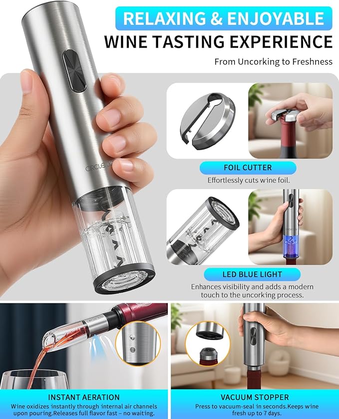 CIRCLE JOY Electric Wine Opener 7-in-1 Stainless Steel Rechargeable Electric Wine Bottle Opener Gift Set with Automatic Vacuum Pump, Foil Cutter, Wine Pourer, 2 Vacuum Stoppers & Charging Station