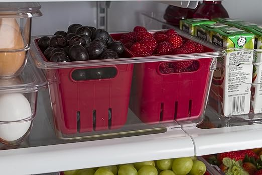 Kitchen Spaces Twin Colander Food Storage Container, Strainer and Fridge Organizer Bin for Fruits and Veggies, Stackable, BPA-Free