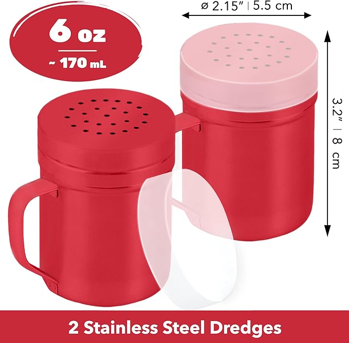 CUSINIUM 6oz Red Stainless Steel Salt Pepper Dredge Shakers - With Plastic Cap - With Handle - Pack of 2
