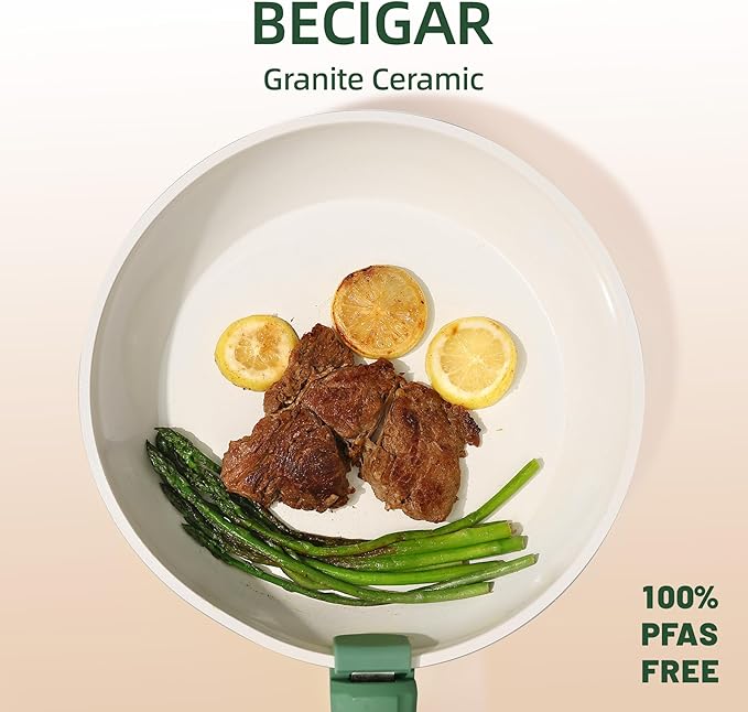 BECIGAR 23pcs Ceramic Pots and Pans Set, Nonstick Detachable Handle Cookware, Induction Kitchen Cooking Set with Removable Handle,include Frying Pans & Saucepans Oven Safe(Green)