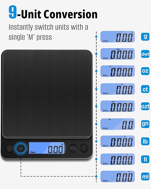 NEXT-SHINE Gram Scale 500g x 0.01g Precision, Mini Pocket Size Scales with 2 Plastic Trays LCD Display, Weighing Coffee Espresso Small Food
