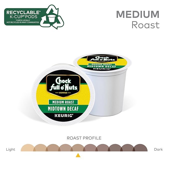 Chock Full o' Nuts Midtown Decaf Keurig K-Cup Pods for Keurig Brewers – Premium Arabica, Medium Roast – Single Serve – 6 Packs of 12 K-Cup Pods
