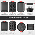 11-Piece Nonstick Stackable Baking Pans Set, Toxin-Free Bakeware Sets, Baking Pan Set with Silicone Handles, Includes Cookie Sheets, Loaf Pan, Pizza Pan, Muffin Pan, Red&Black