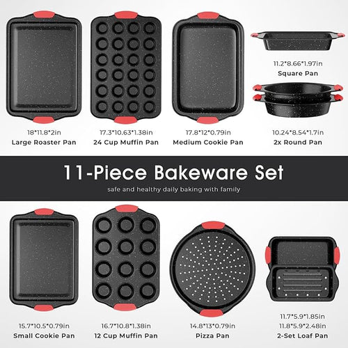 11-Piece Nonstick Stackable Baking Pans Set, Toxin-Free Bakeware Sets, Baking Pan Set with Silicone Handles, Includes Cookie Sheets, Loaf Pan, Pizza Pan, Muffin Pan, Red&Black