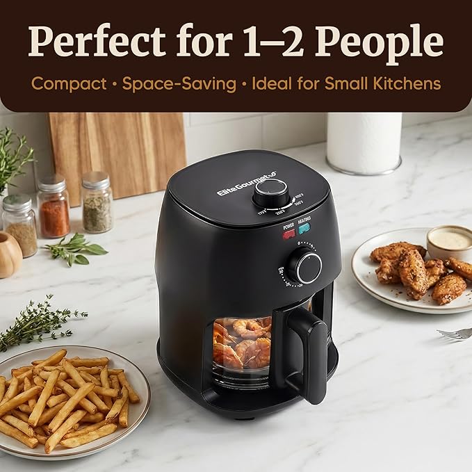 Elite Gourmet Glass Air Fryer, 2.4 Qt Compact Size for 1–2 People, PFAS-Free Ceramic & Glass Basket, Visible Cooking, Adjustable Temp 175–400°F, 1150W, Black
