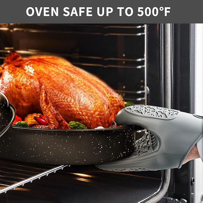 Granite Roasting Pan, Medium 15.7” Enameled Roasting Pan with Domed Lid. Oval Turkey Roaster Pot, Broiler Pan Great for Small Turkey, Chicken, Ham, Dishwasher Safe Fit for Roast Bird by Kendane
