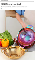 Stainless Steel Colander With Handle and Legs Drain Basket for Pasta, Spaghetti, Berry, Veggies, Fruits, Noodles, Salads, Fruit Colander Strainer Metal Rice Sieve Kitchen Utensils-Rainbow Color
