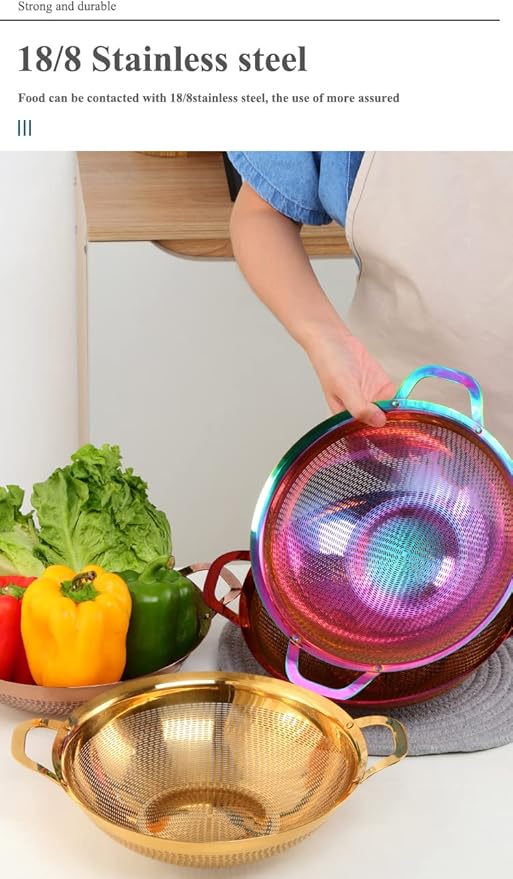 Stainless Steel Colander With Handle and Legs Drain Basket for Pasta, Spaghetti, Berry, Veggies, Fruits, Noodles, Salads, Fruit Colander Strainer Metal Rice Sieve Kitchen Utensils-Silver