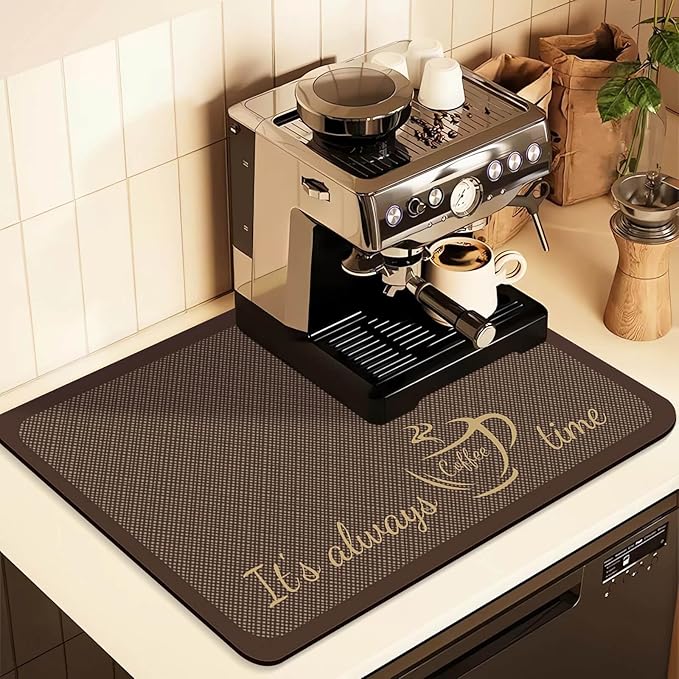 Coffee Mat for Countertops ,Coffee Bar Accessories Fit Under Coffee Maker Espresso Machine, Absorbent Hide Stain Rubber Mat for Countertop ,Dish Drying Mat for Kitchen Counter (D-Brown, 12"x19")