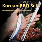 304 Stainless Steel Kitchen Shears, Korean BBQ Scissors and Tongs Set,9.45 inch (Black+red) Scissors +(9.45+11) inch Tongs 4 in 1 Set