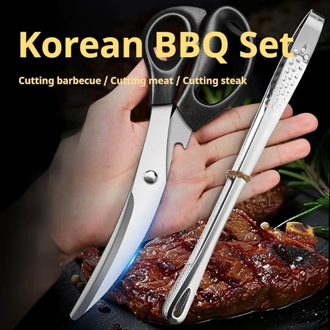 304 Stainless Steel Kitchen Shears, Korean BBQ Scissors and Tongs Set,9.45 inch (Black+red) Scissors +(9.45+11) inch Tongs 4 in 1 Set