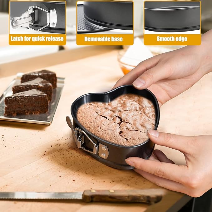 Springform Cake Pan Set of 3 (4, 7, 9 Inch) Heart Leakproof Nonstick Cheesecake Pans with Removable Bottom Carbon Steel Bakeware