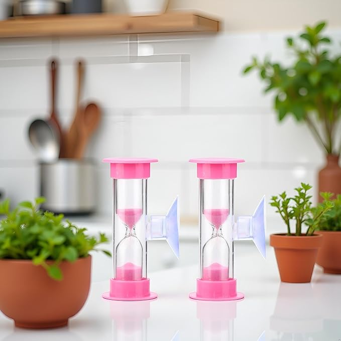 2Pcs Pink 2 Minute Plastic Sand Timer Hourglass Sand Clock with Suction Cup Time Funnel Shower Timer Tooth Brushing Time Reminder Timers Thermometers Kitchen and Dining