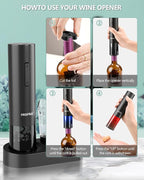 Electric Wine Opener Gift Set – Rechargeable Automatic Corkscrew with Aerator, Vacuum Seal Stoppers, Foil Cutter & Storage Base – 6-in-1 Wine Bottle Opener Kit for Wine Lovers, Women & Men