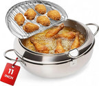 Alpha Living SDF-04 Deep Fryer Pot – 11-Inch Stainless Steel Frying Pot with Oil Thermometer – Ideal for Deep Frying Chicken, Fries, Mini Donuts, Tempura & More – Frying Pan for Home Use