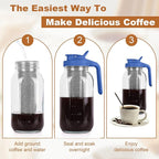 Cold Brew Coffee Maker,64 oz Mason Jar Pitcher with Stainless Steel Filter, Pour Spout Handle Lid, Heavy Duty Glass Airtight & Leak-Proof for Iced Coffee Tea & Lemonade -Blue
