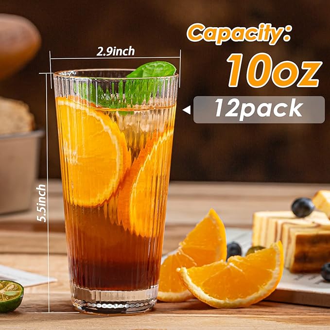 12 pcs Drinking Glasses, Origami Style Highball Glasses, 10oz Glass Cups, Elegant Ripple Vintage Glassware, Coffee Glasses, Durable Drinkware Cups for Cocktails, Water, Juice, Beer, Whiskey