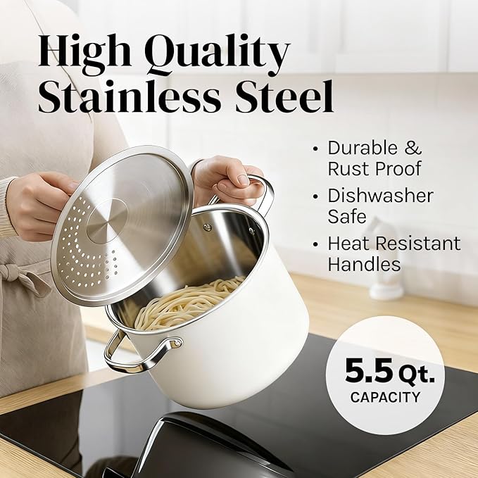 Cooler Concepts Pasta Pot with Strainer Lid - 5.5 Quart Large Spaghetti Pot - Twist & Lock for Easy Drain & No Colander Or Strainer Basket Insert Needed - Dishwasher Safe Pots