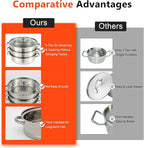 Steamer for Cooking, 3-Tier Stainless Steel Steamer Pot, 12.8 Inch Multipurpose Stackable Cooking Steam Pot Kitchen Cookware with Glass Lid for Induction, Gas, Electric Stoves