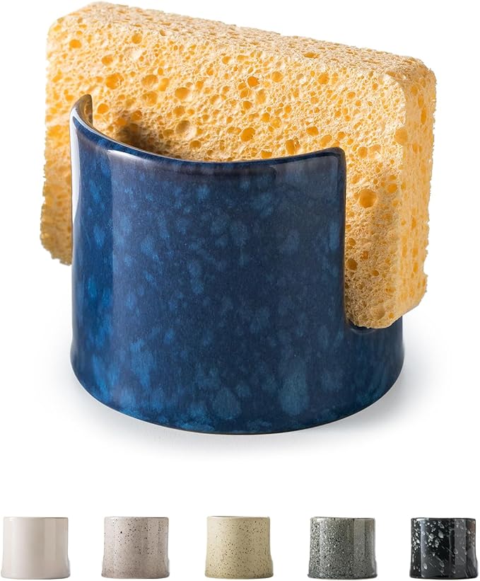 Kitchen Sponge Holder, Ceramic Sponge Organizer Scrubby Holder Sink Caddy Dish Rack for Kitchen and Bathroom, Farmhouse Decor, Blue