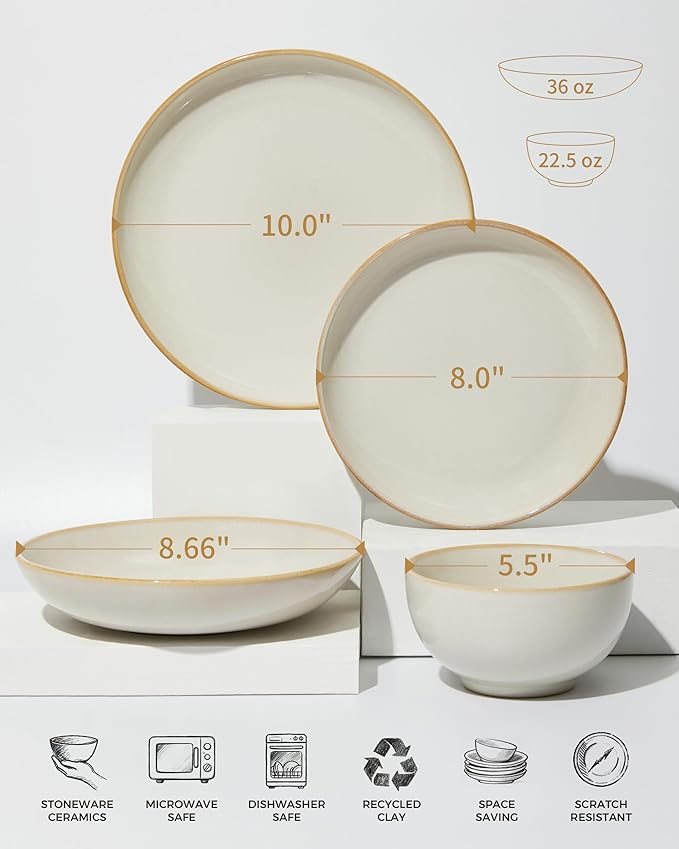 Pokini 16 Piece Double Bowl Dinnerware Sets with Pasta Bowls, Highly Chip and Crack Resistant Plates and Bowls Sets, Natural Earthyware Ceramic Dishware Sets, Service for 4 Yellow White