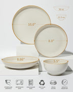 Pokini 16 Piece Double Bowl Dinnerware Sets with Pasta Bowls, Highly Chip and Crack Resistant Plates and Bowls Sets, Natural Earthyware Ceramic Dishware Sets, Service for 4 Yellow White